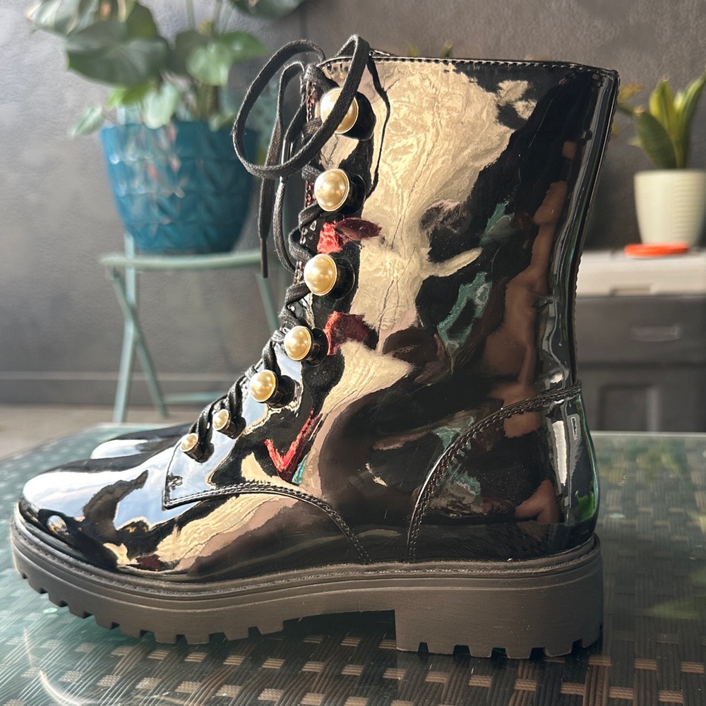 Elegant Black Patent Leather Combat Boots with Pearl Accents